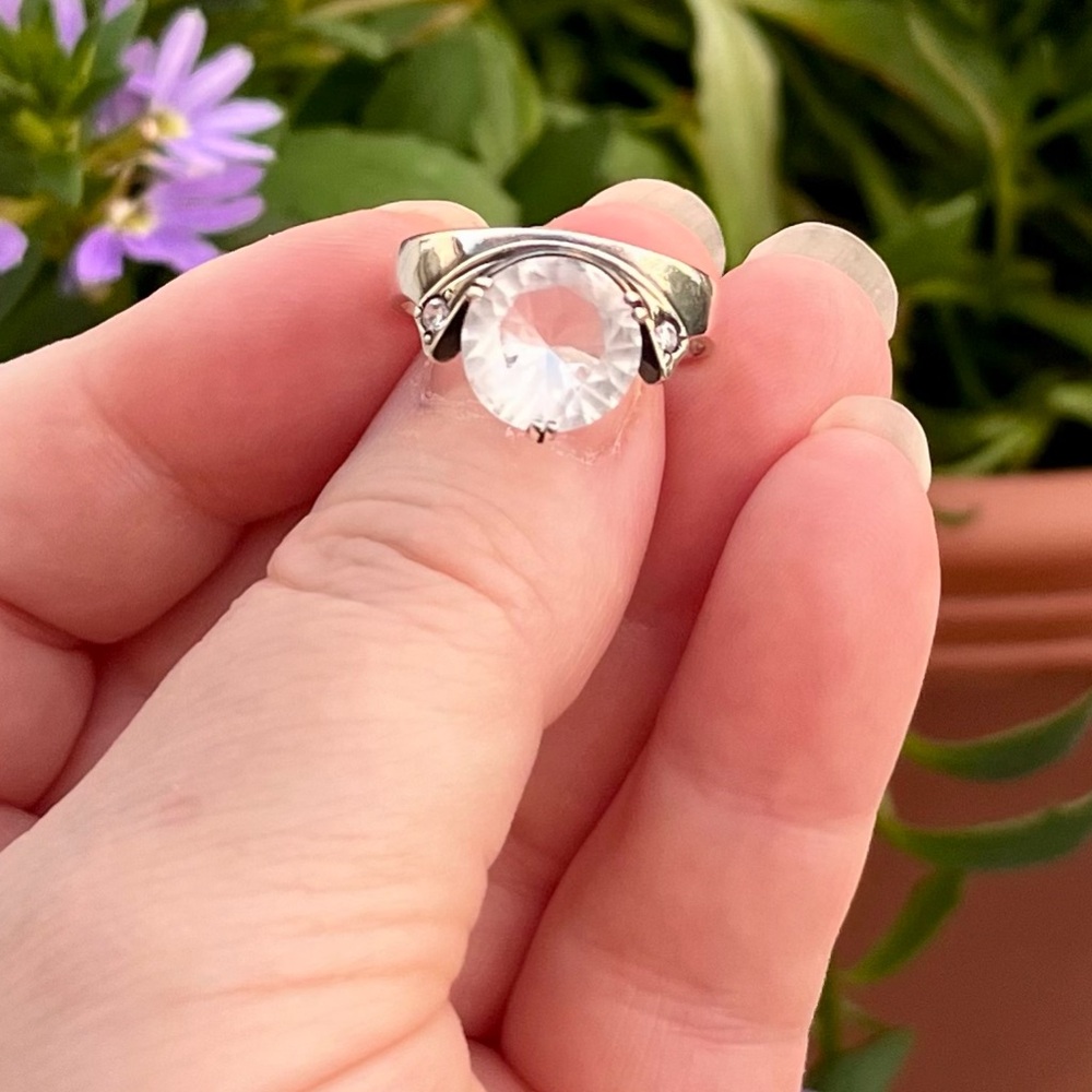 Vintage WHITE TOPAZ RING Solitaire Poland CZ Sterling Silver Clear